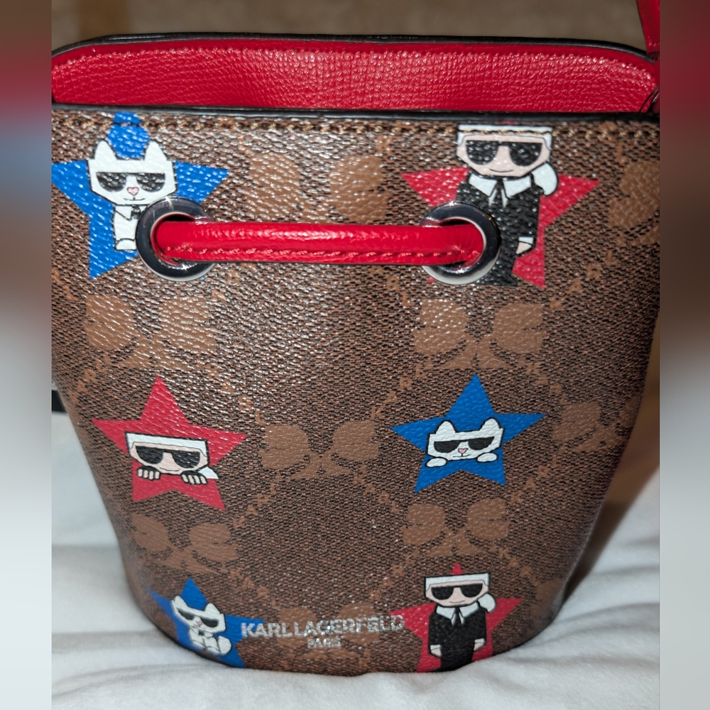 Karl Lagerfeld Paris Maybelle Mini Bucket Bag Brown Multi NWT - Picture 4 of 7